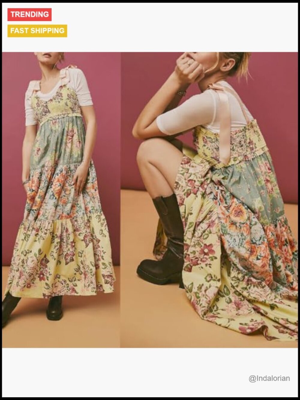 Floral Maxi Dress with Pockets Smocked Bodice Adjustable Tie Shoulder - Picture 6 of 6